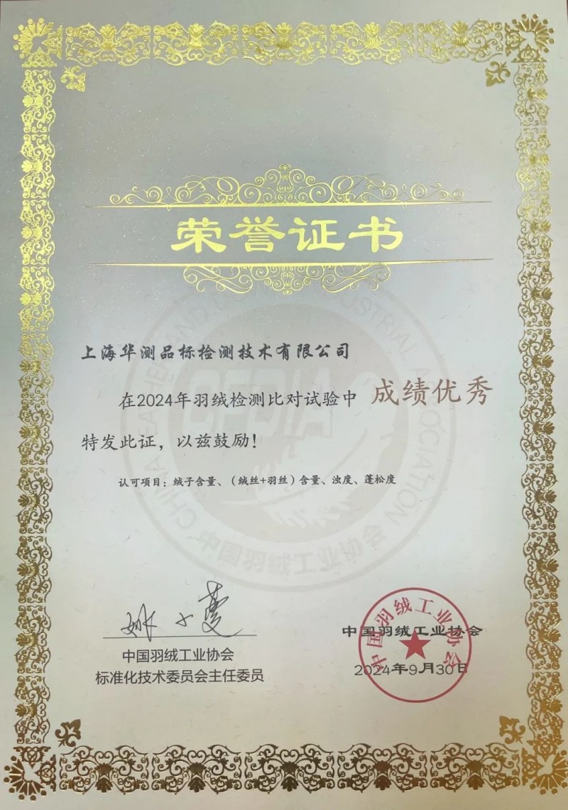 中國(guó)羽絨工業(yè)協(xié)會(huì)羽絨檢測(cè)比對(duì)試驗(yàn)優(yōu)秀結(jié)果實(shí)驗(yàn)室